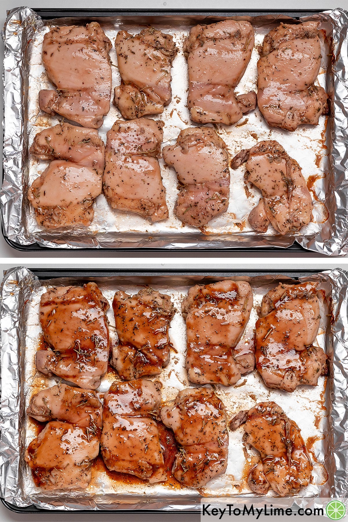 Flipping the chicken and covering with the remaining sauce.