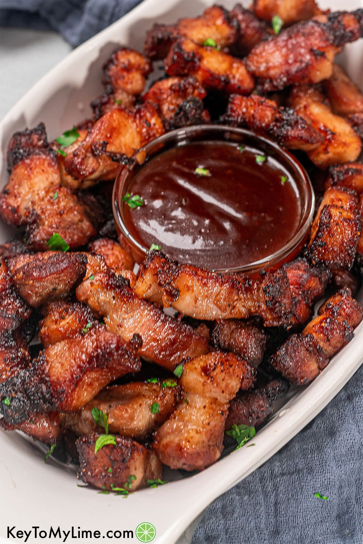 A side image of chunks of pork belly fresh out of the air fryer.