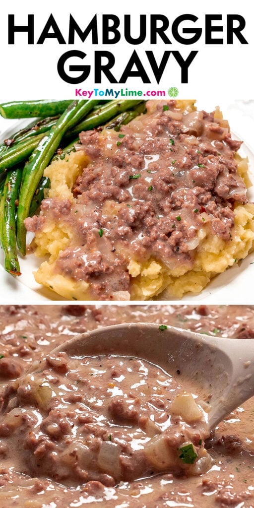 A Pinterest pin image with a picture of hamburger gravy with title text at the top.