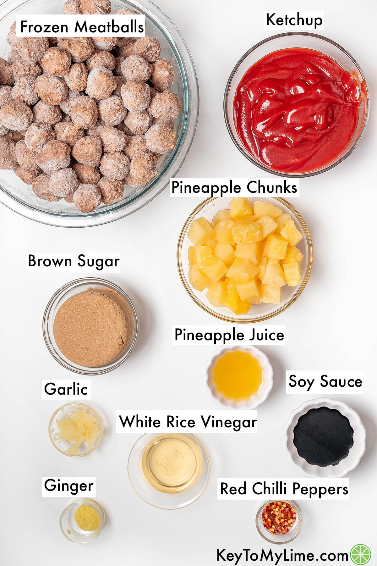 The labeled ingredients for Hawaiian meatballs.