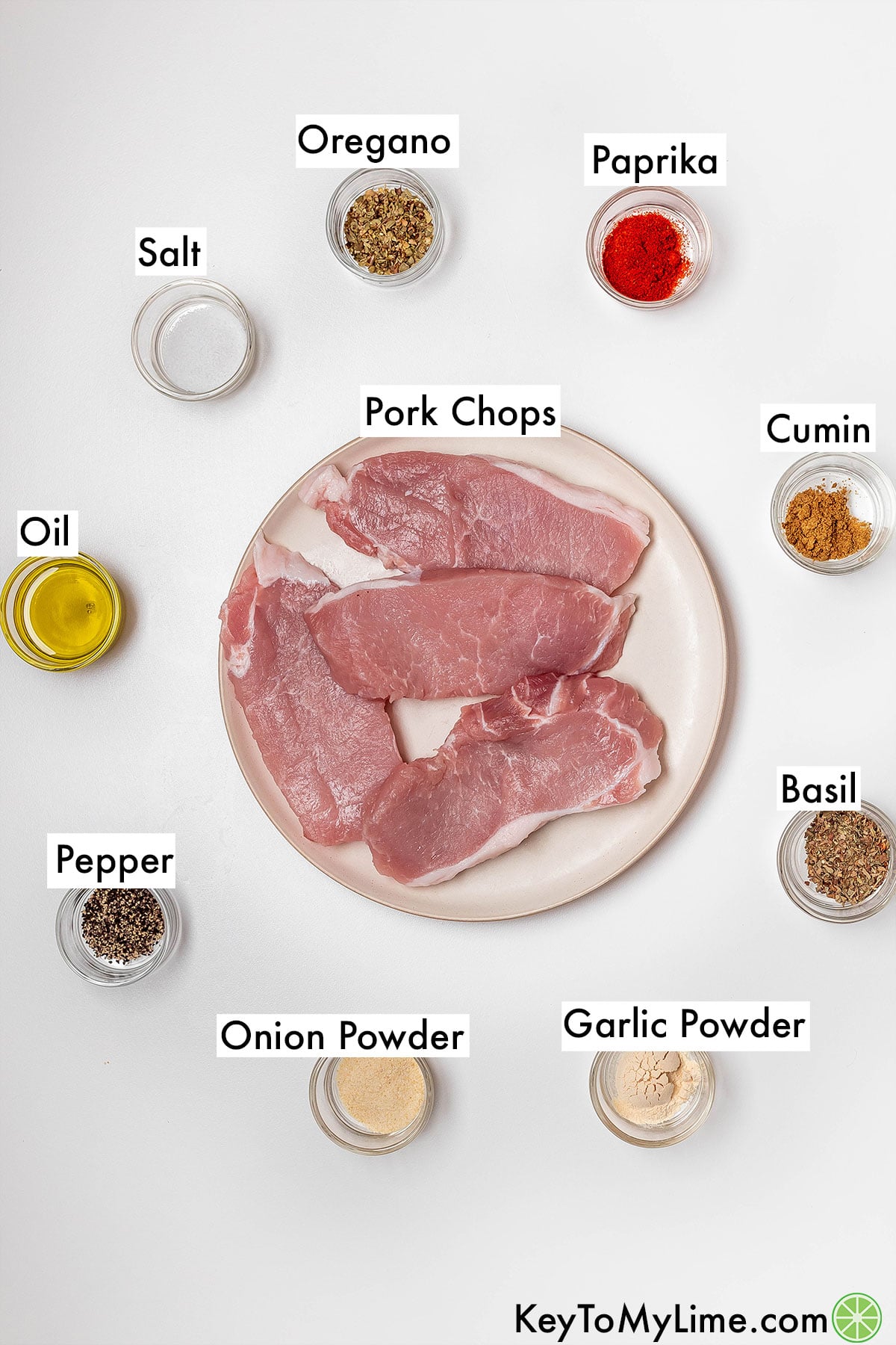 The labeled ingredients for how to cook thin pork chops.