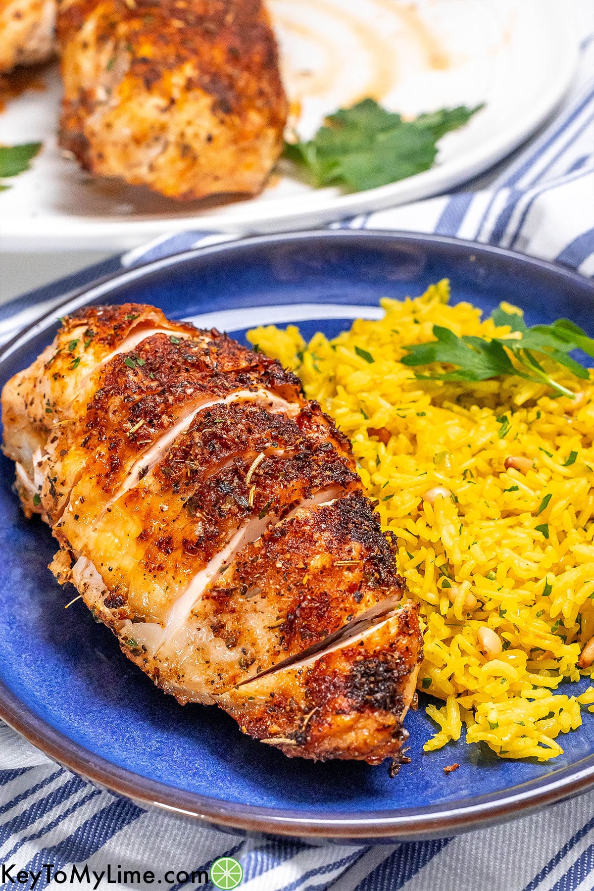 A juicy chicken breast next to a bed of Mediterranean rice.