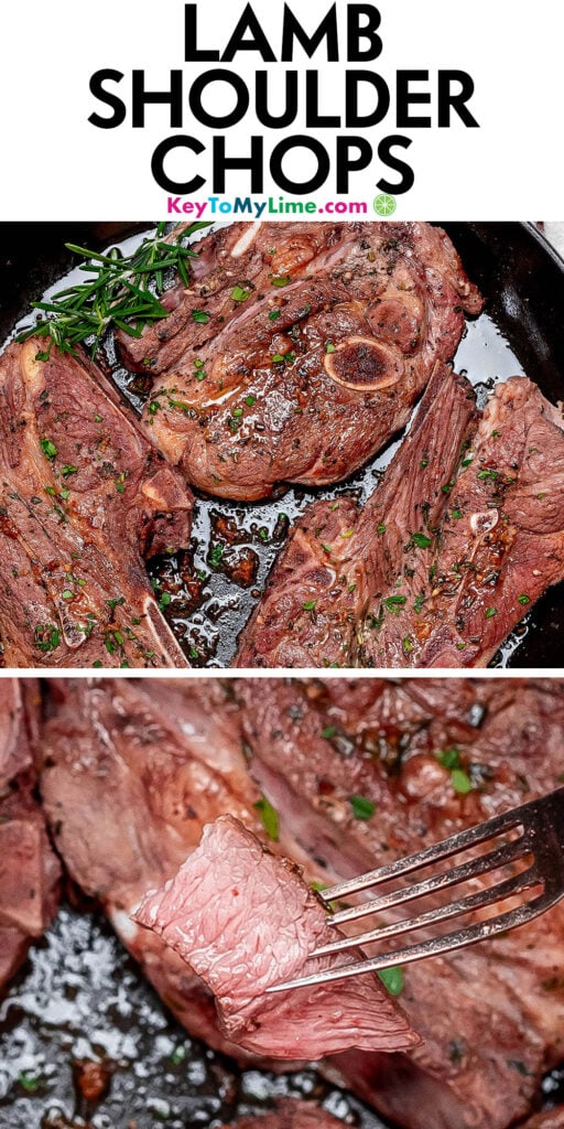 A Pinterest pin image with a picture of lamb shoulder chops with title text at the top.