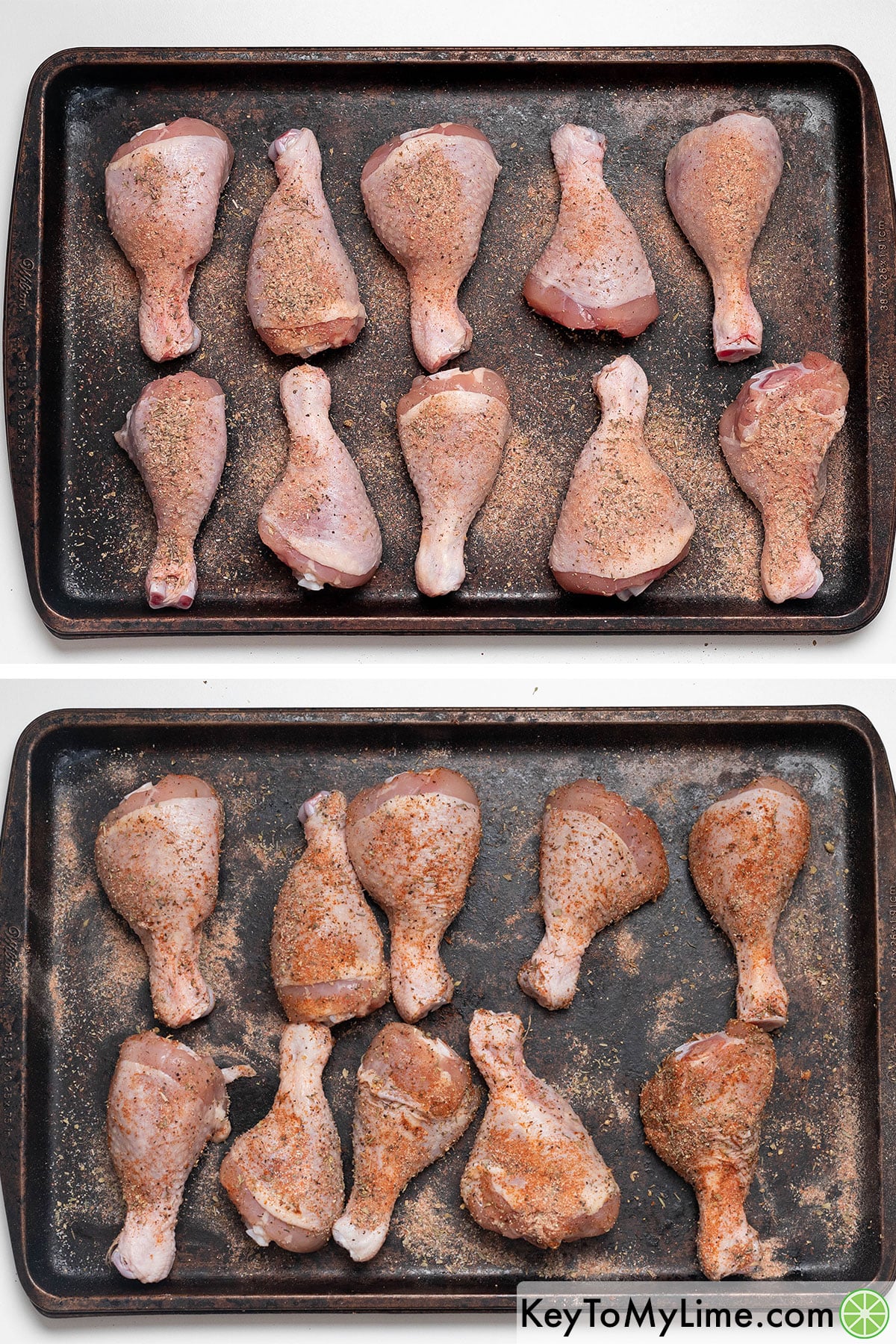 Laying the drumsticks down a flat surface, and then coating with dry rub.