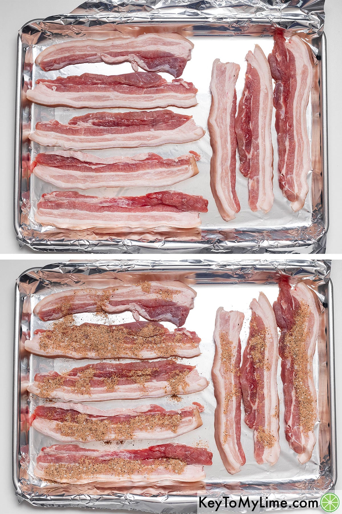 Laying the pork belly slices on a single layer on a baking sheet, and then sprinkling the rub on.