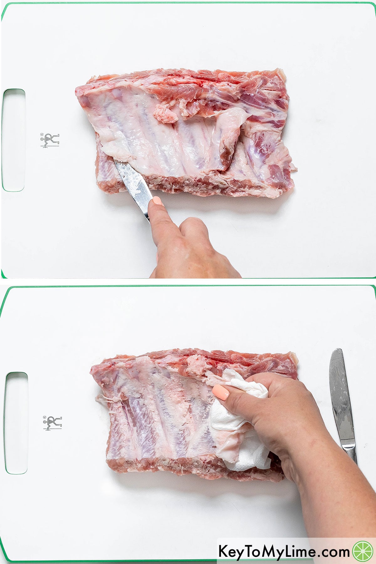 Lifting the skin with a knife and gripping and pulling away with a paper towel.