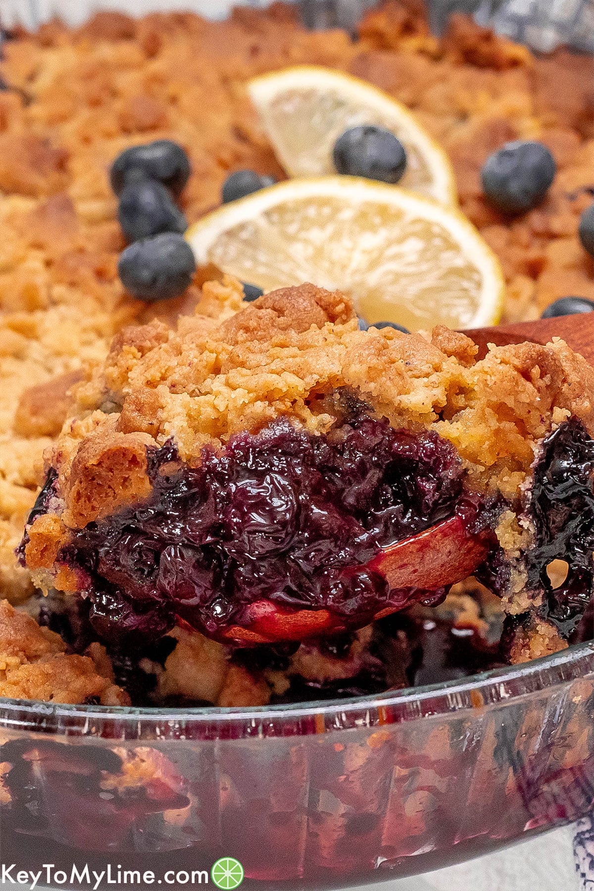 A side image showing the inside texture of the blueberry cobbler.