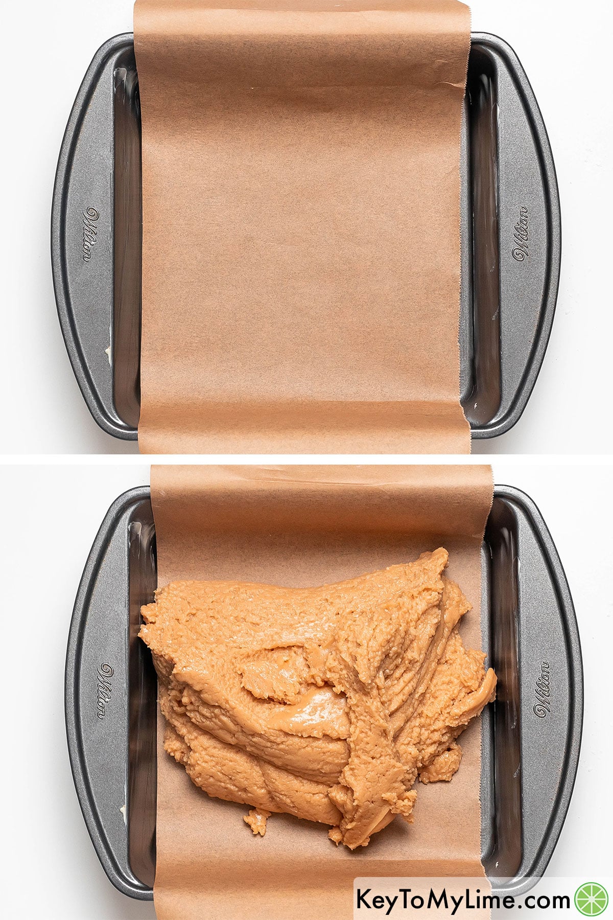Transfer peanut butter mixture to a lined baking pan.