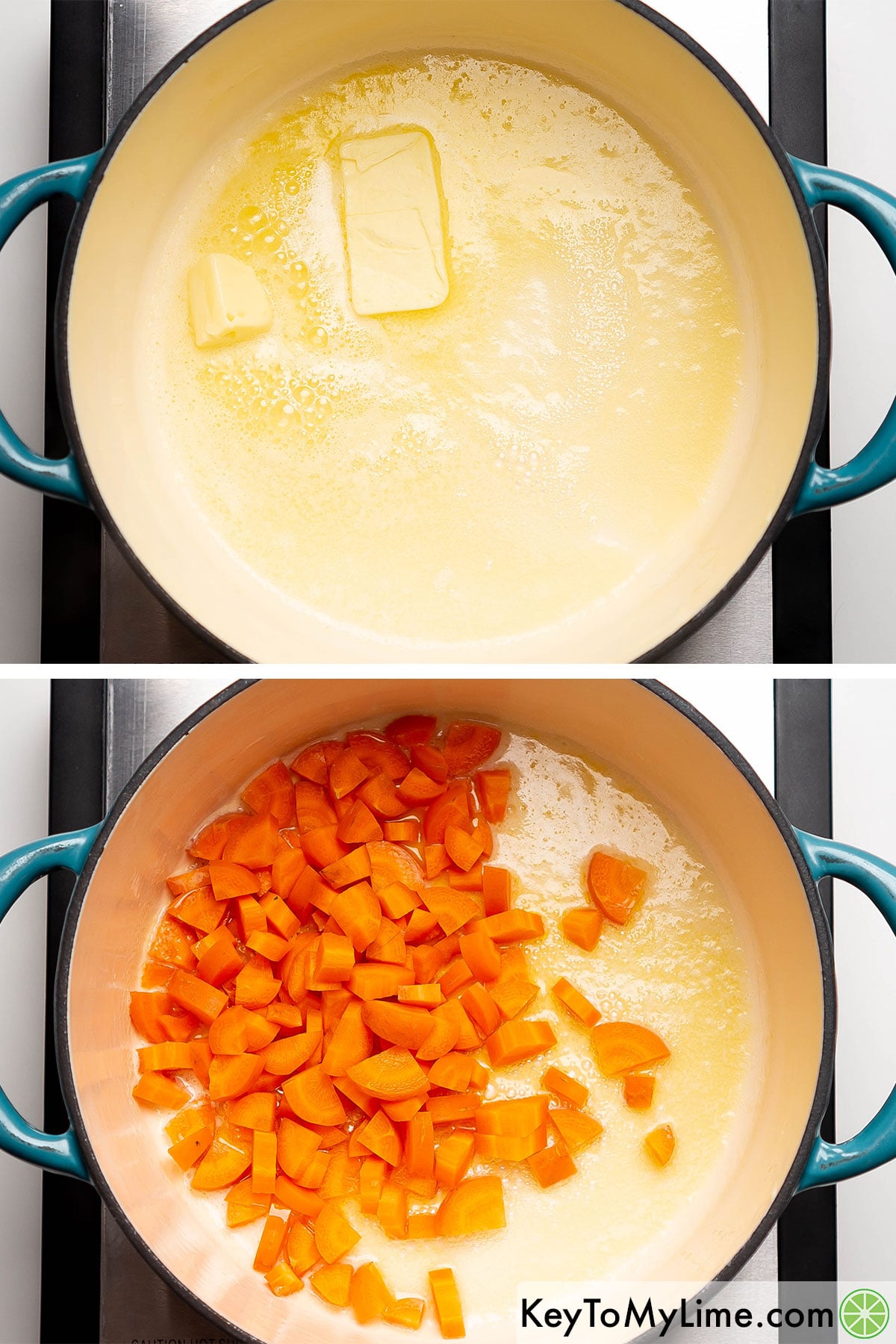 Melting butter in a large Dutch oven, and then adding carrots.