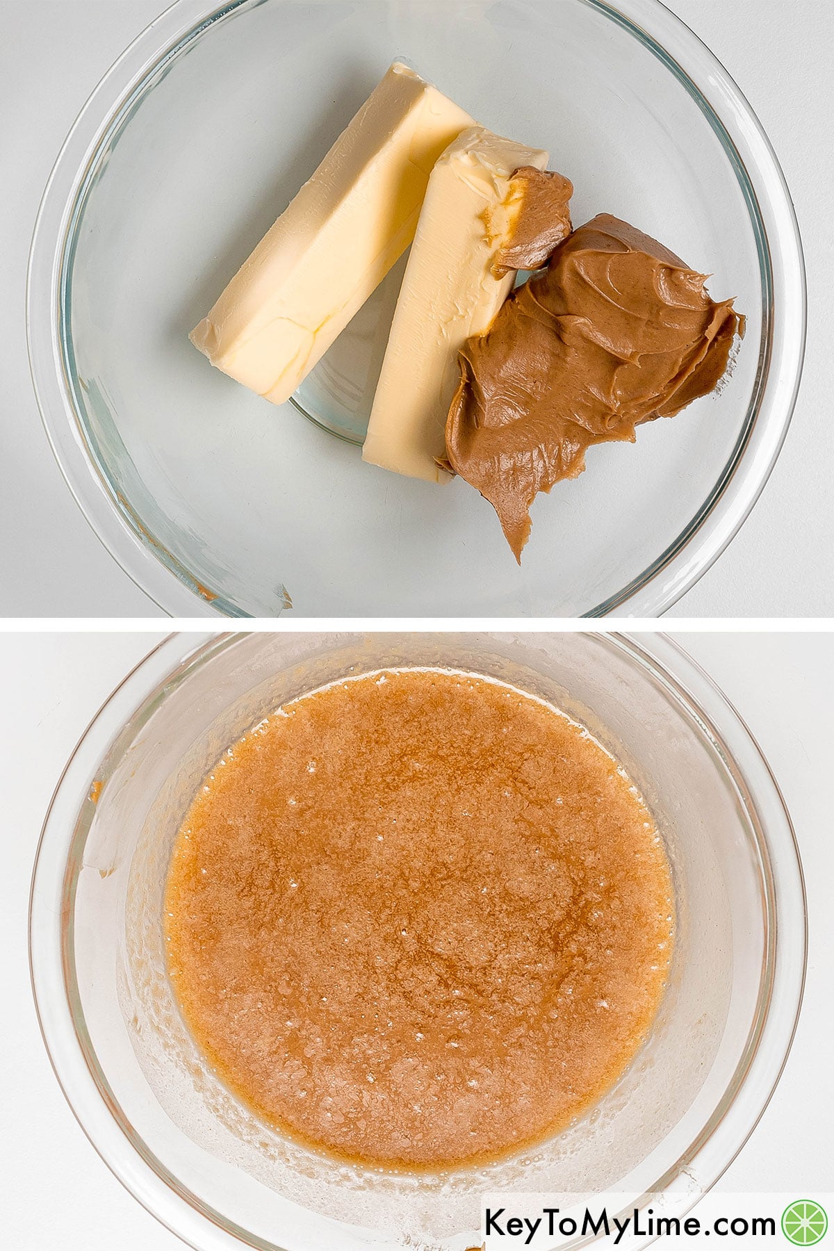 Adding melted butter and peanut butter in a large mixing bowl, and then stirring to combine.