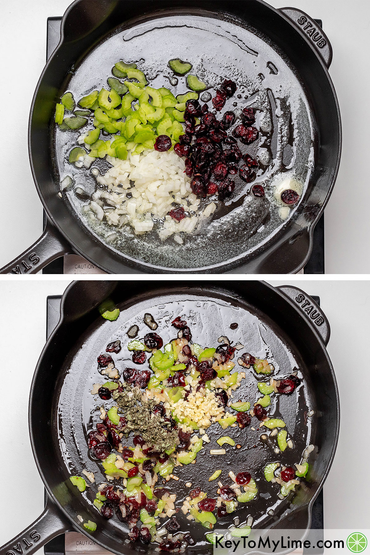 Sauteing onions, cranberries, and celery in melted butter, and then adding in garlic and sage.