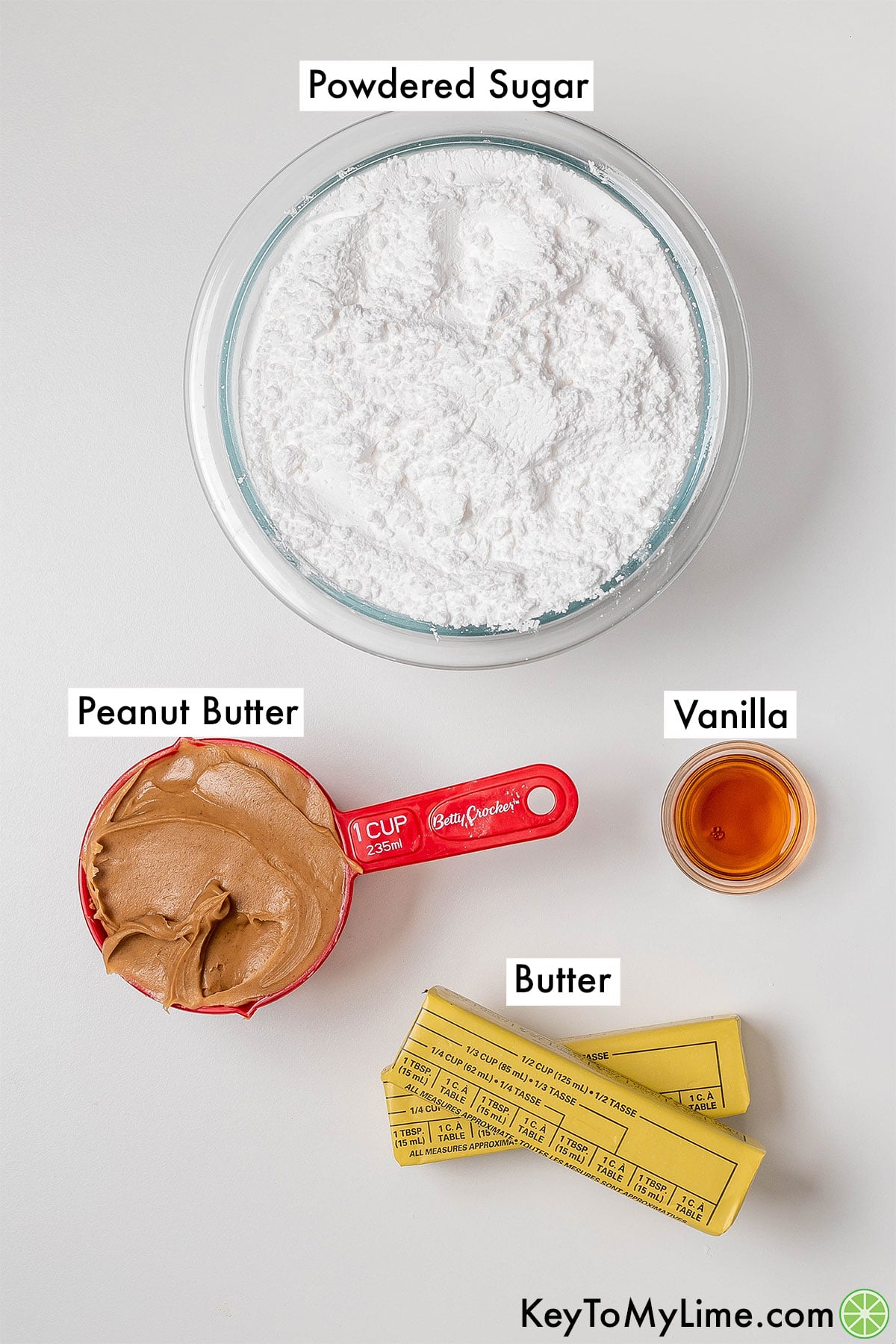 The labeled ingredients for microwave peanut butter fudge.