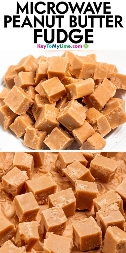 A Pinterest pin image with a picture of microwave peanut butter fudge with title text at the top.