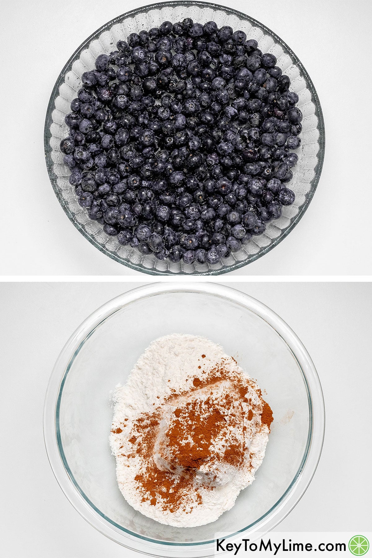 Mixing blueberries, sugar, and lemon juice in a baking dish, and then in a separate bowl adding in cake mix and cinnamon.