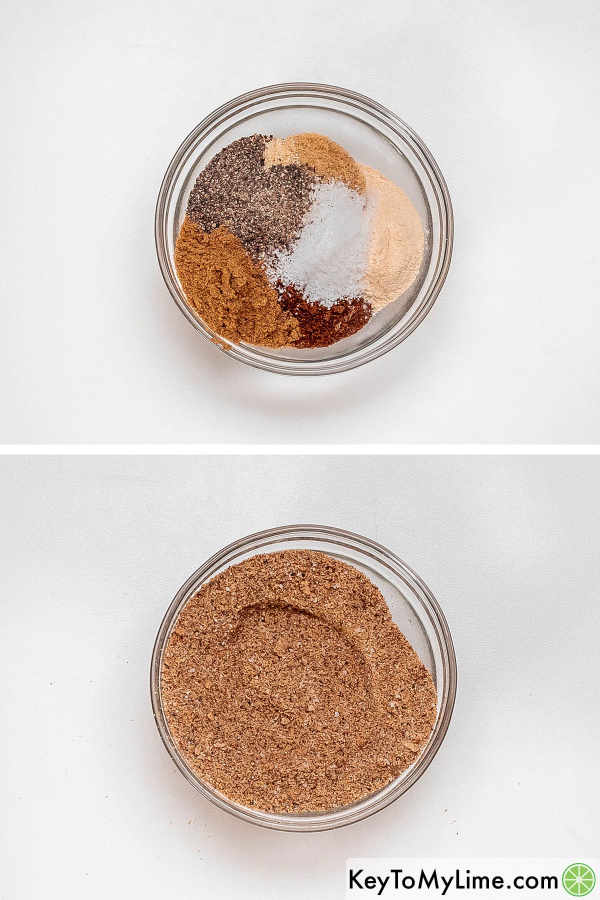 Mixing brown sugar, cumin, salt, pepper, chili powder, and garlic powder together in a mixing bowl to make a rub.