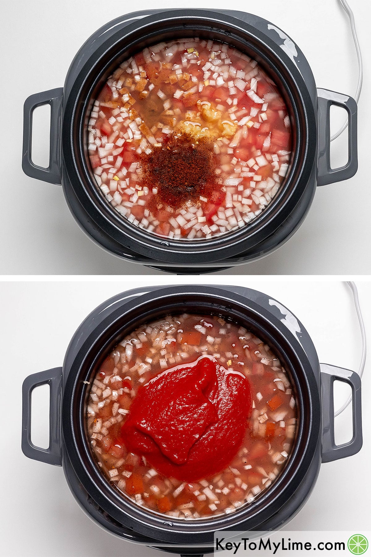 Mixing rice, onion, diced tomatoes, spices, and chicken broth together in a rice cooker, and then adding in tomato sauce.