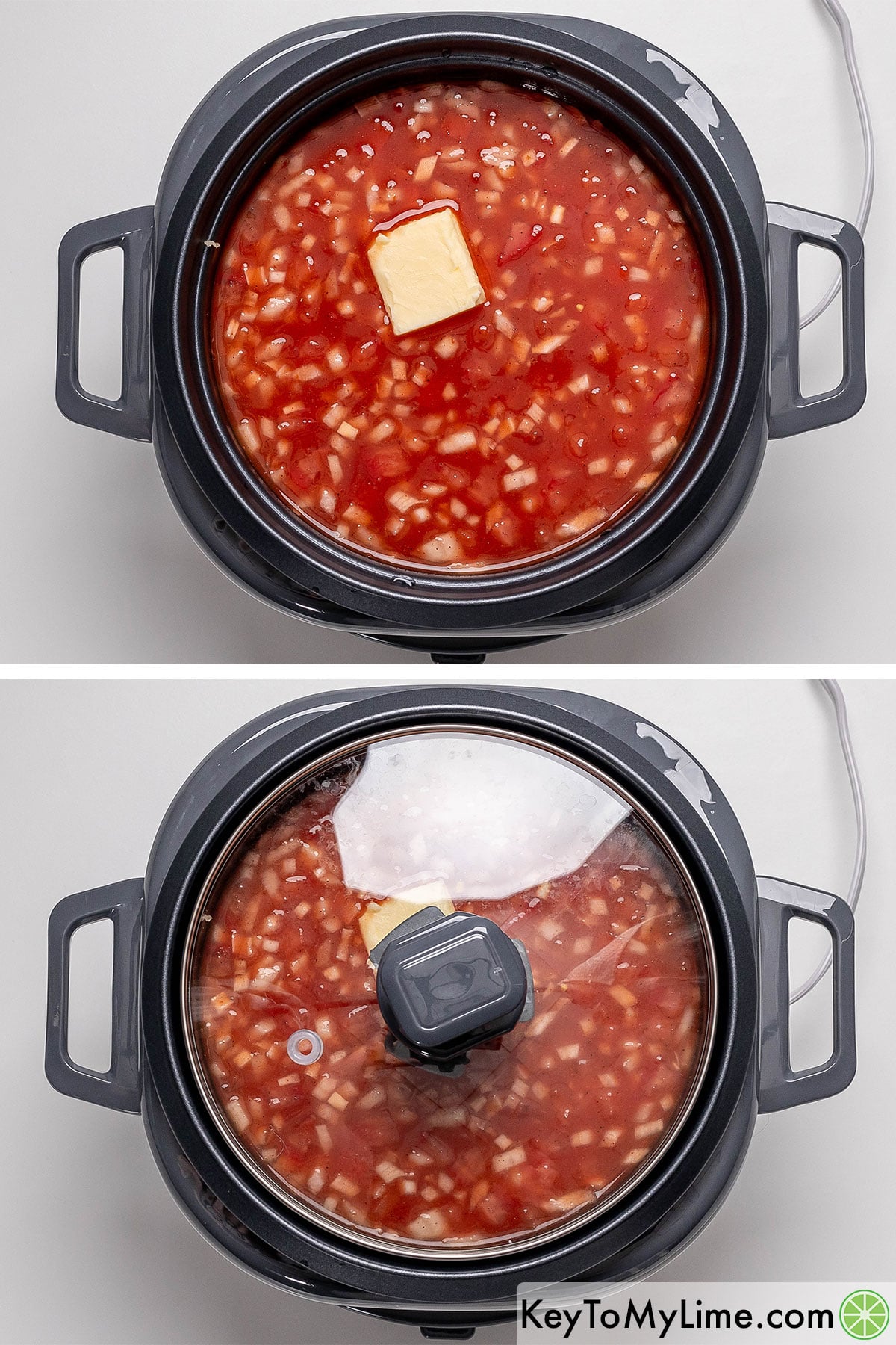 Mixing in tomato sauce in the rice cooker, and then adding in butter and covering with lid and cooking.