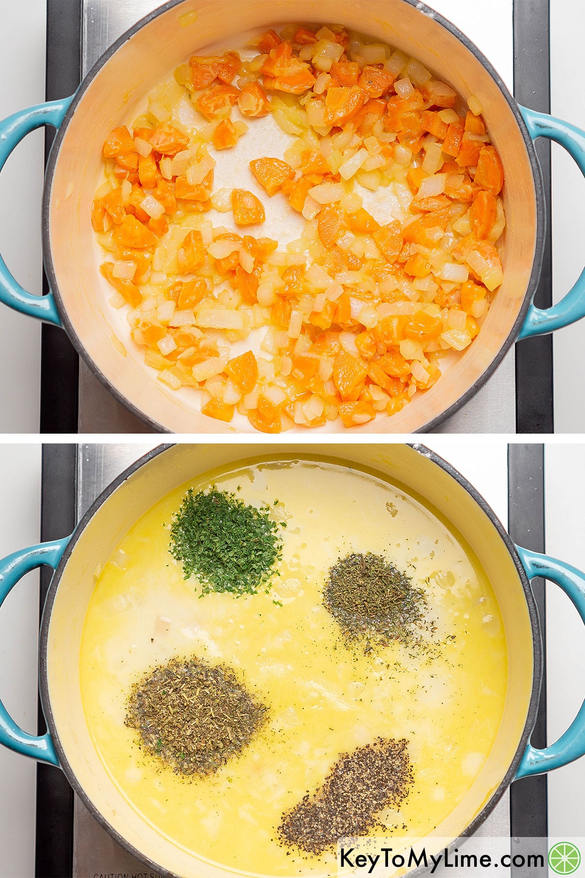 Mix, and then add seasonings, chicken broth, and milk