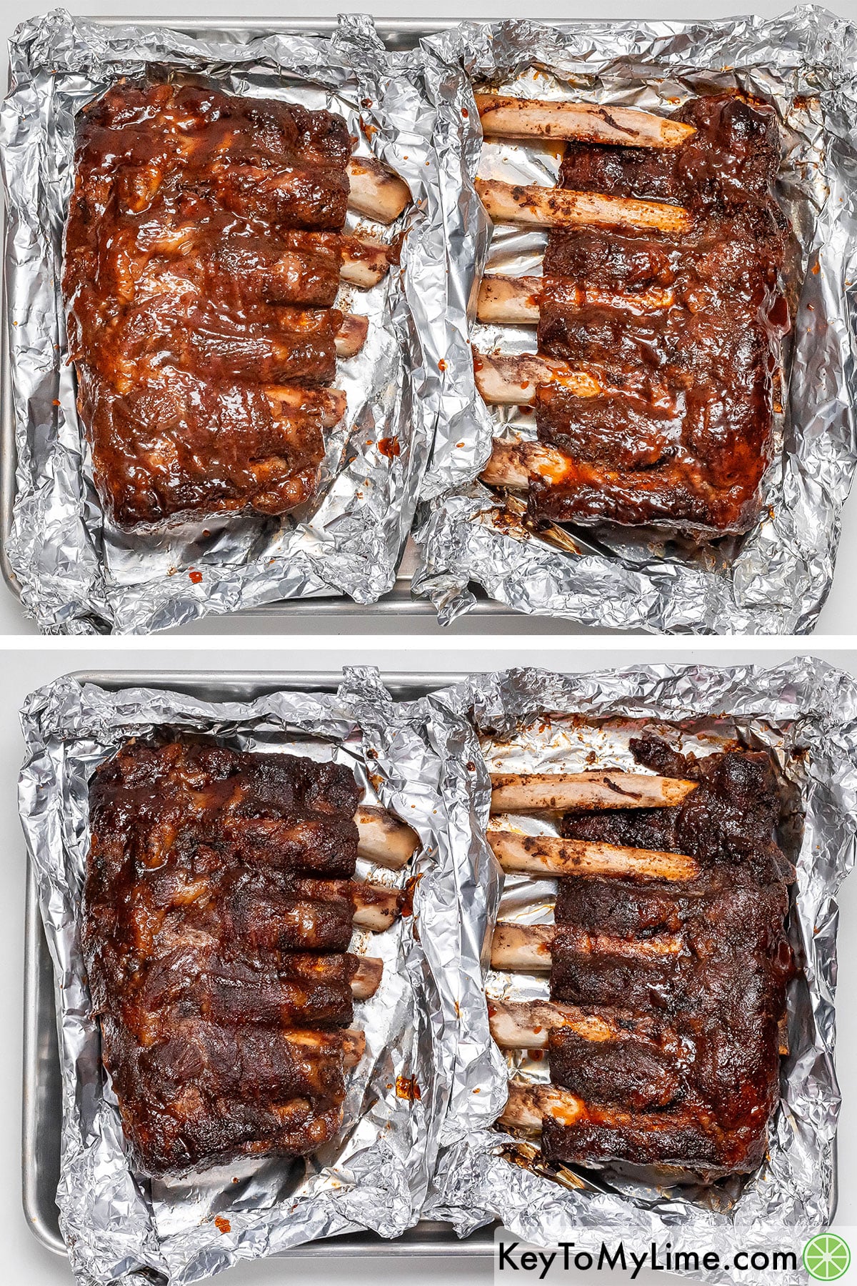 Opening foil and discarding drippings, and then broiling after brushing with BBQ sauce.