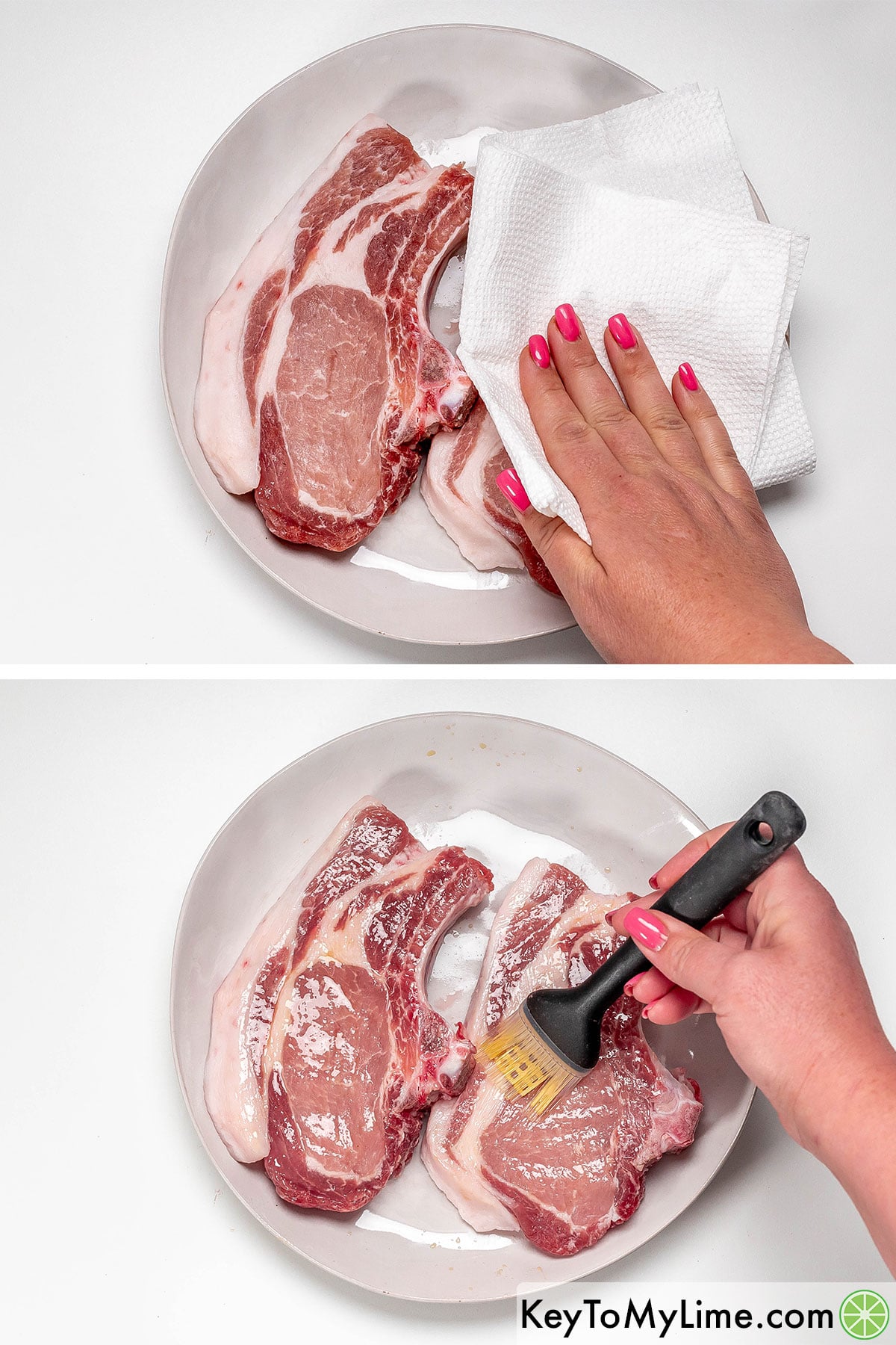 Patting pork chops with a paper towel until dry, and then brushing with olive oil.