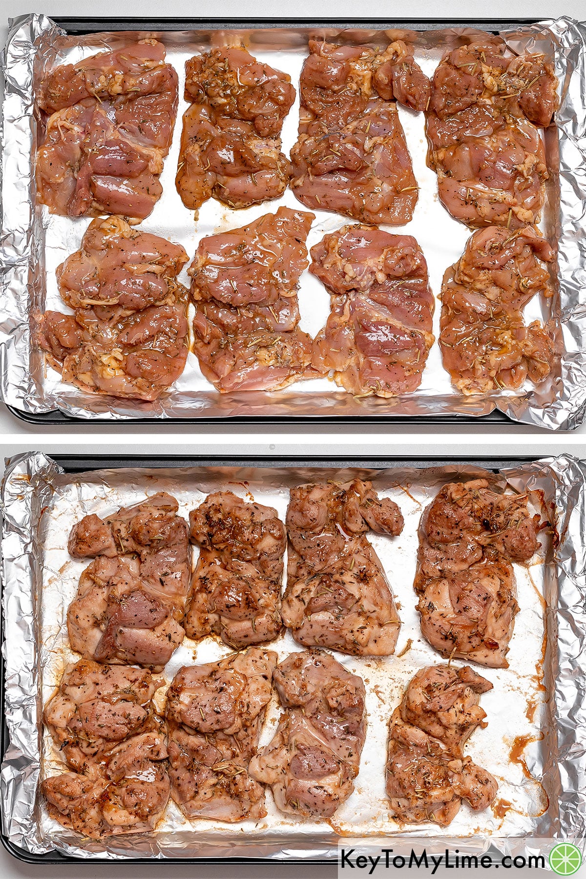 Placing the coated thighs on a lined baking sheet and baking.