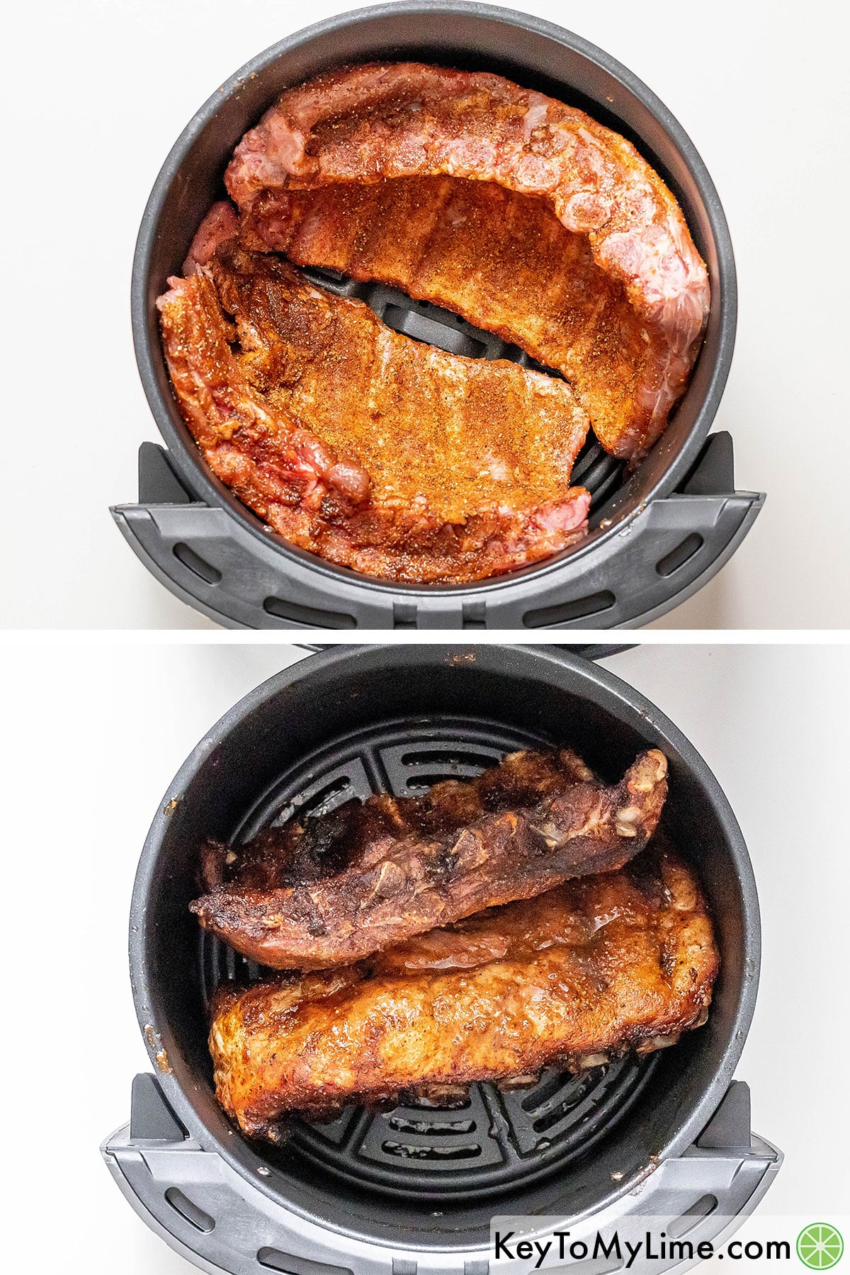 Placing ribs in an air fryer, and then cooking and flipping halfway.
