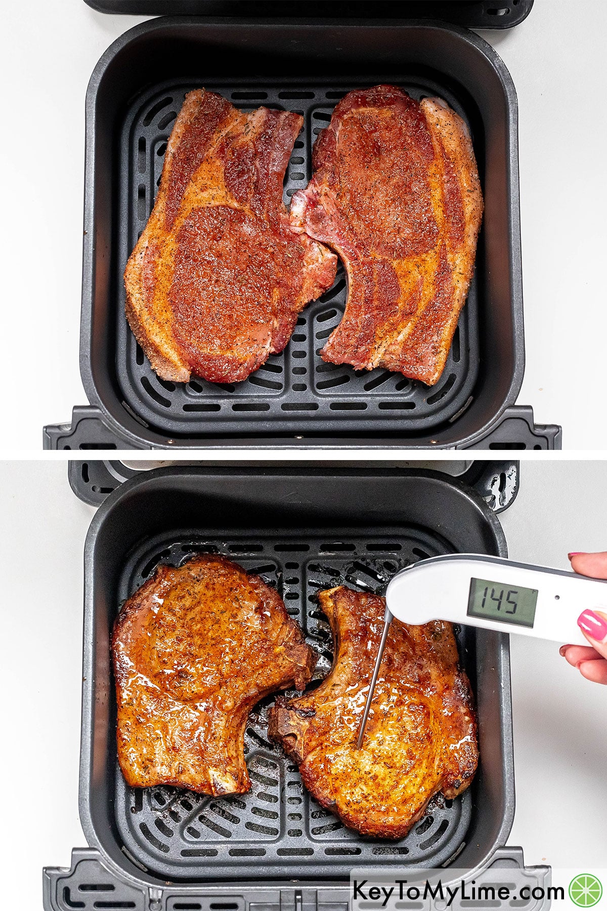 Placing pork chops in a heated air fryer basket, and then flipping halfway through cooking.