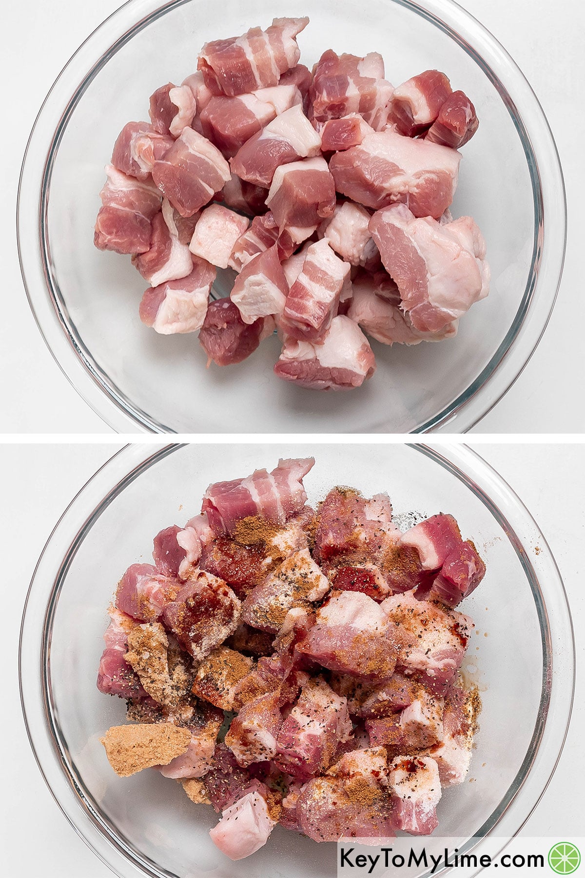 Adding pork belly, olive oil, and seasonings to a large mixing bowl.