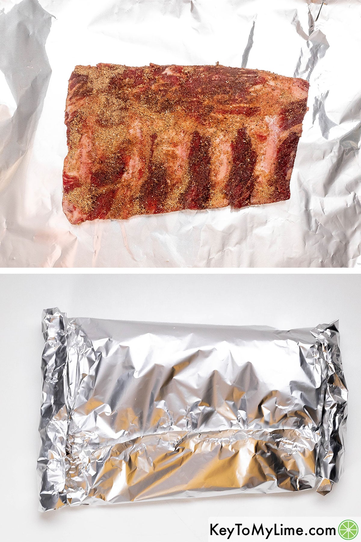 Placing beef rack on aluminum foil, and then folding over to make a tight package.