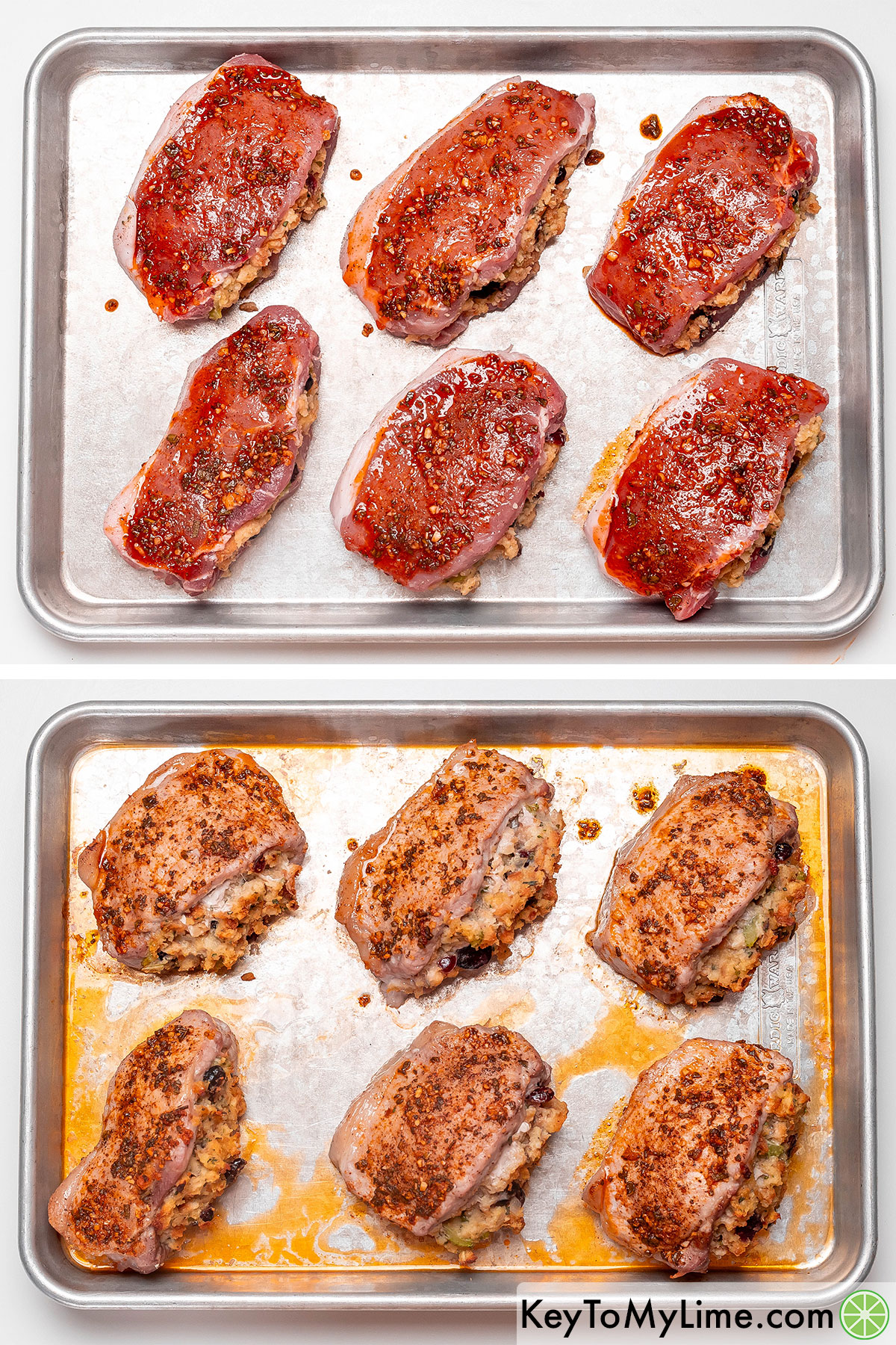 Placing the stuffed pork chops on a greased baking tray, and then spreading seasoned oil before baking.