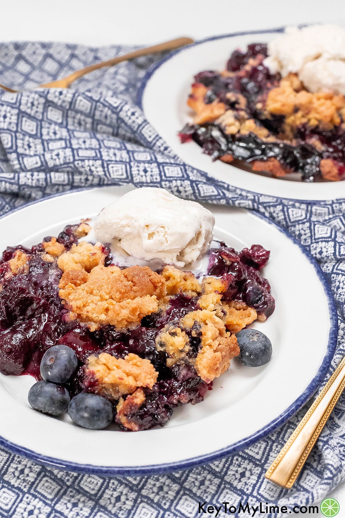 A serving of cobbler on a white dish with an ice cream scoop on top.
