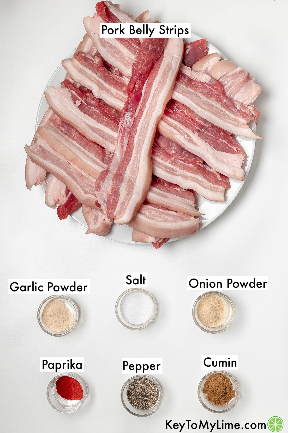 The labeled ingredients for pork belly strips.