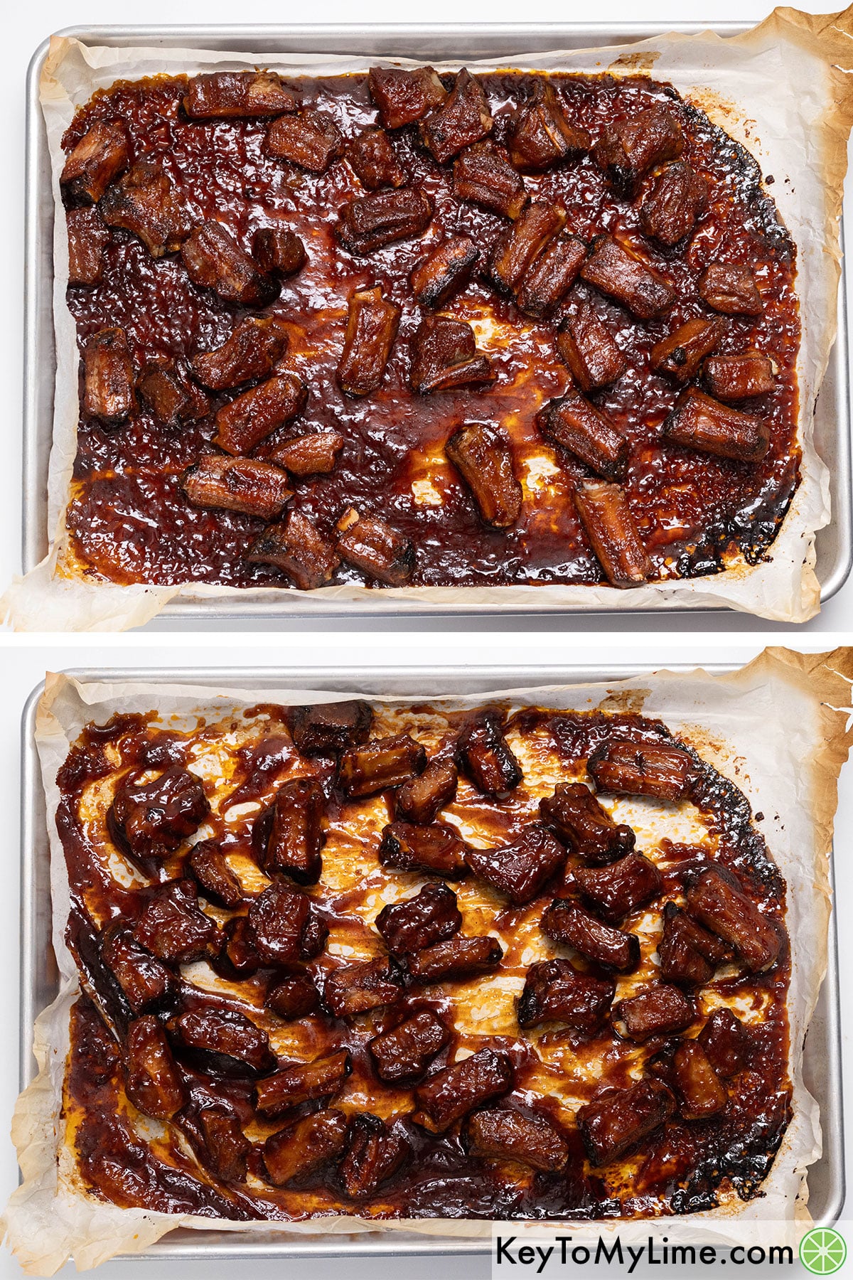 Removing the riblets from the oven, and then tossing and baking for another 30 minutes.