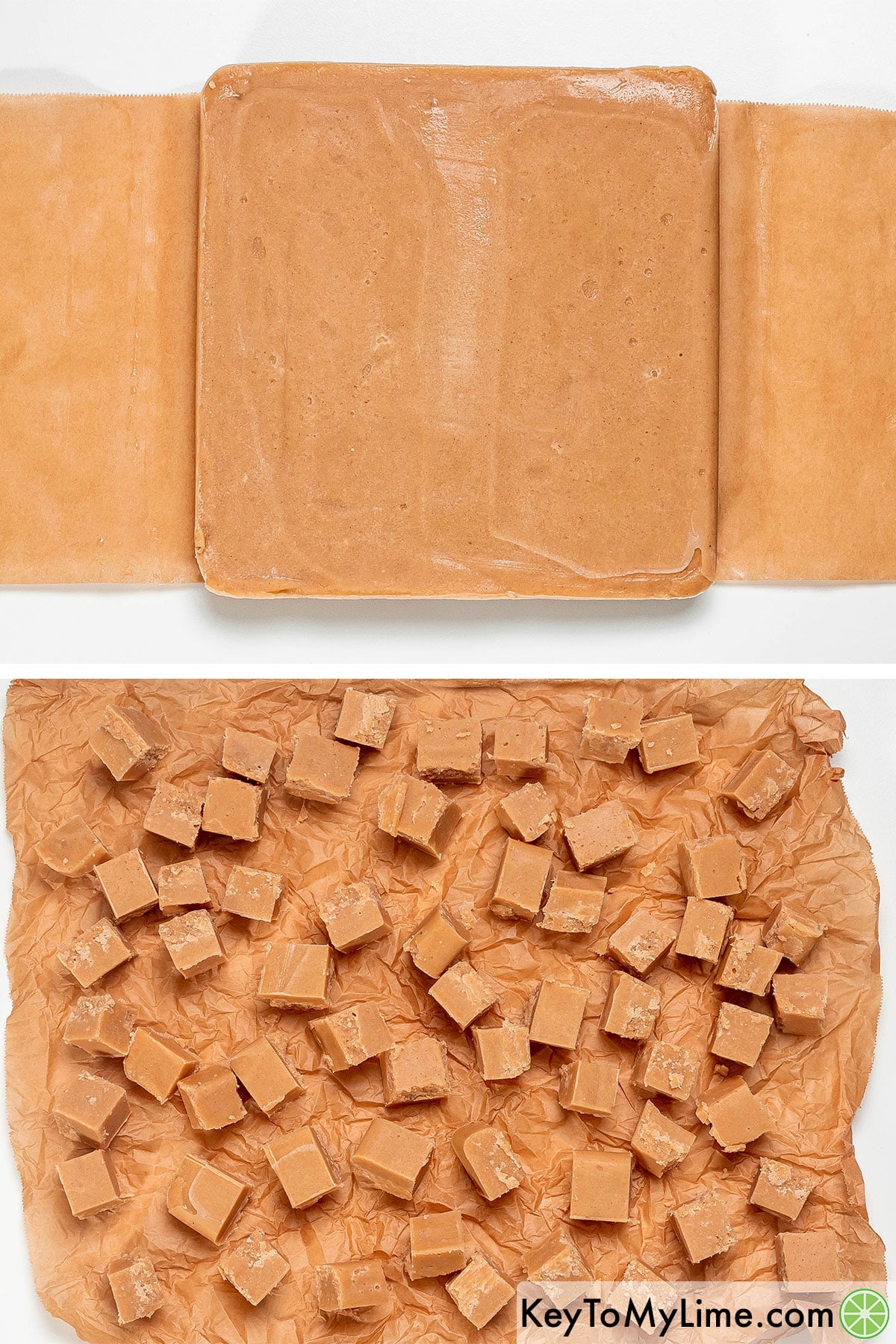 Removing the peanut butter fudge after chilling, and then cutting into cubes.
