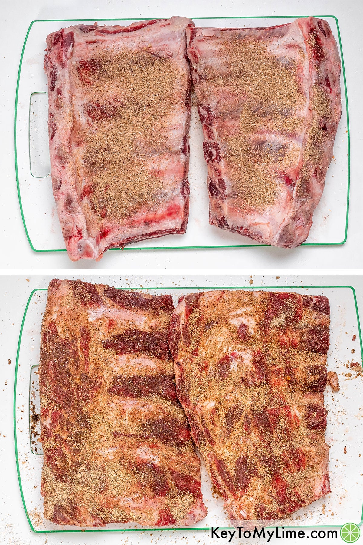 Removing membrane from the back of the ribs, and then applying rub to the ribs.