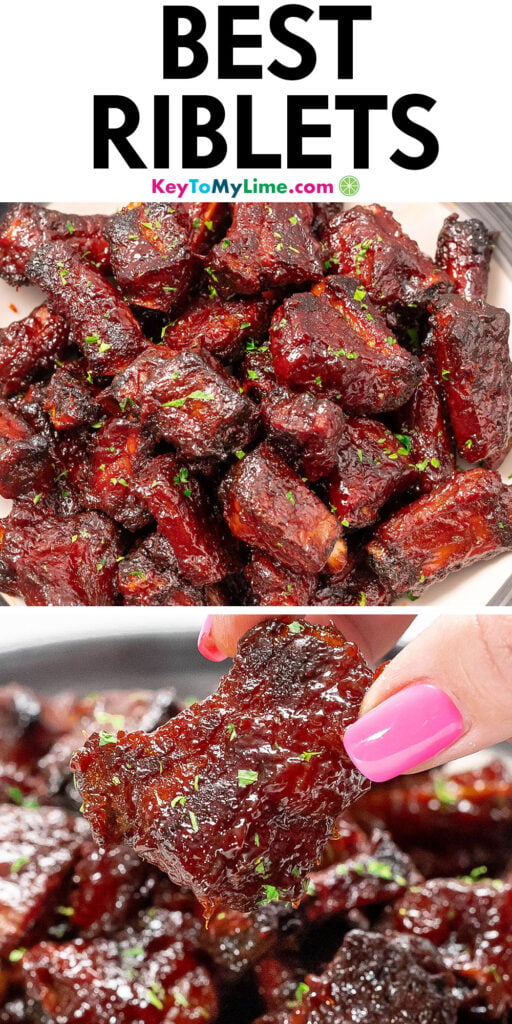 A Pinterest pin image with a picture of riblets with title text at the top.
