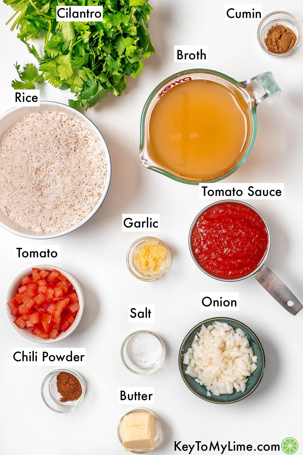 The labeled ingredients for rice cooker Mexican rice.