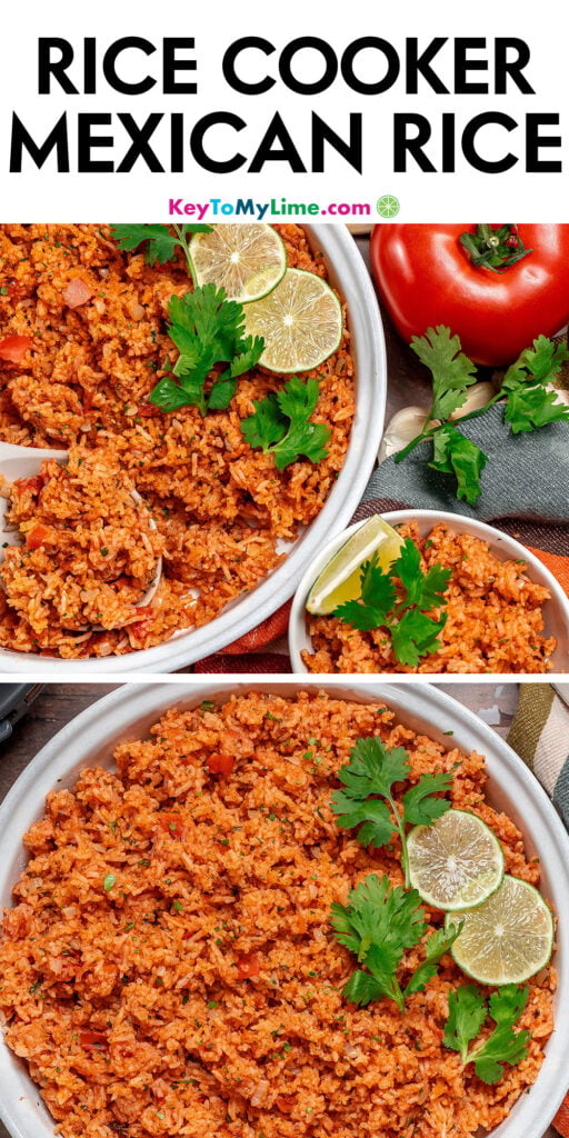 A Pinterest pin image with a picture of rice cooker Mexican rice with title text at the top.