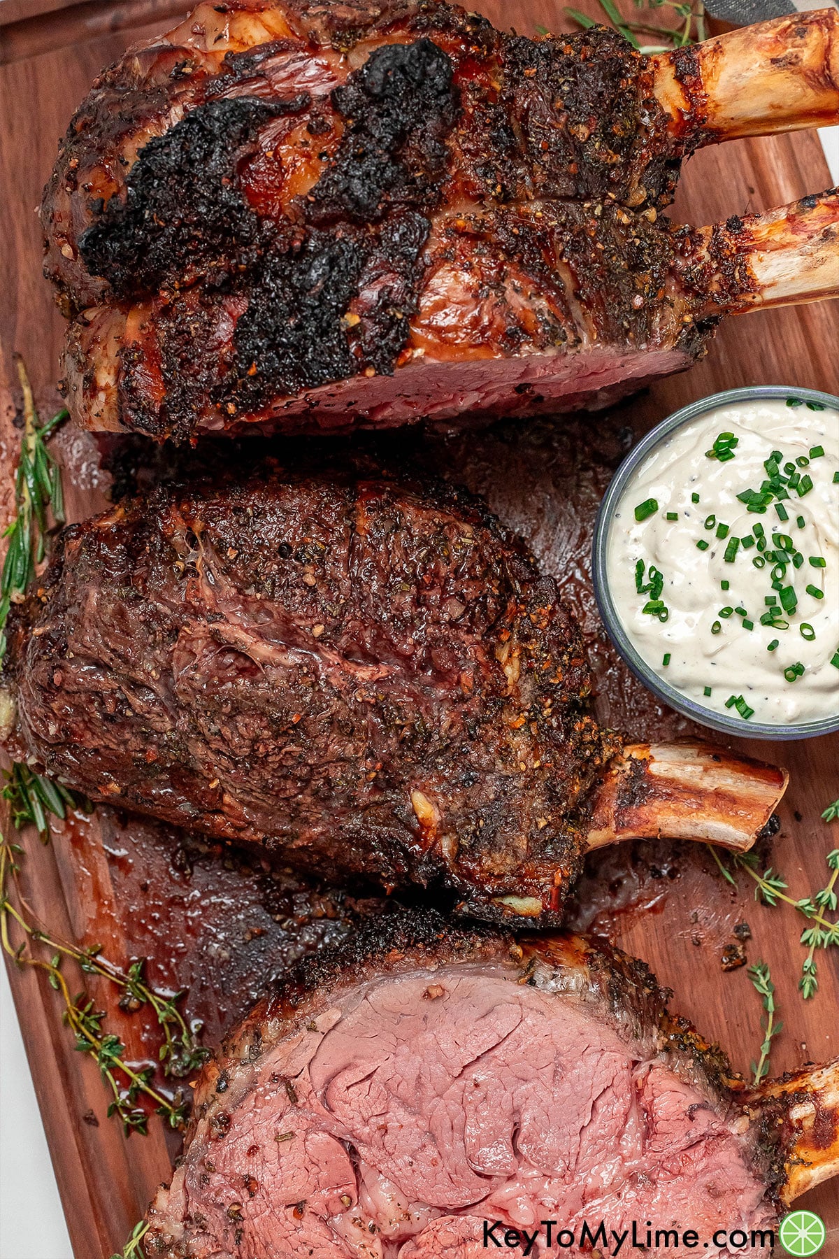 An overhead image of ribeye roast with a crisp crust on top.
