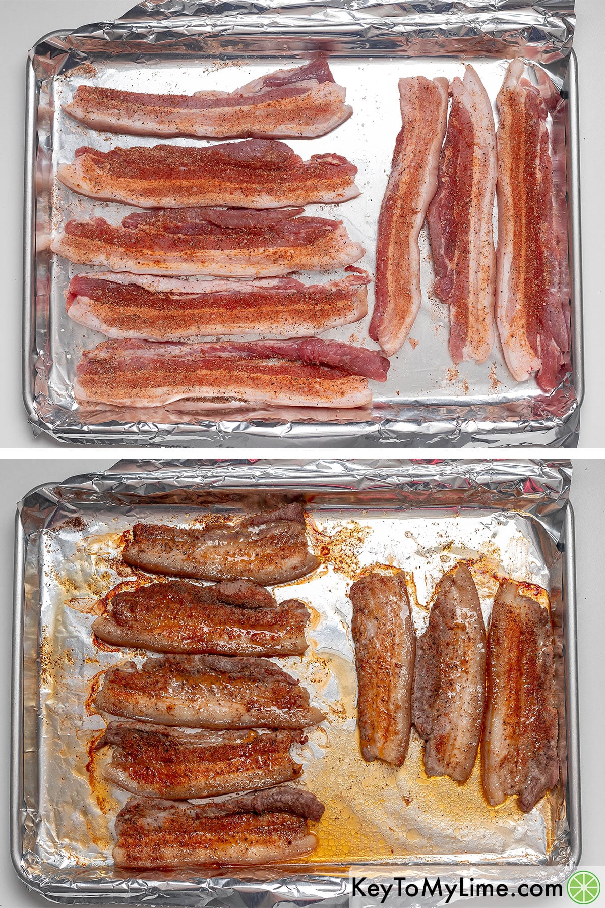 Adding rub to both sides of the pork belly slices, and then baking in an oven.