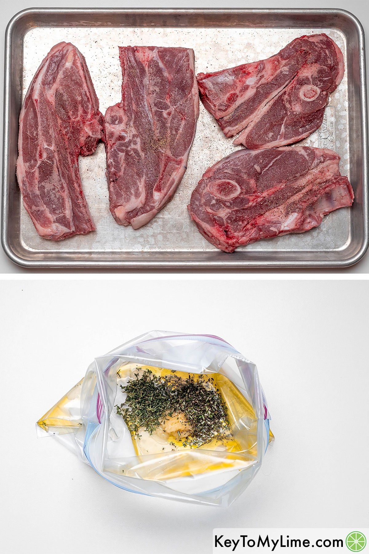 Seasoning the lamb chops with salt and pepper, and then adding ingredients for marinade to a Ziplock bag.