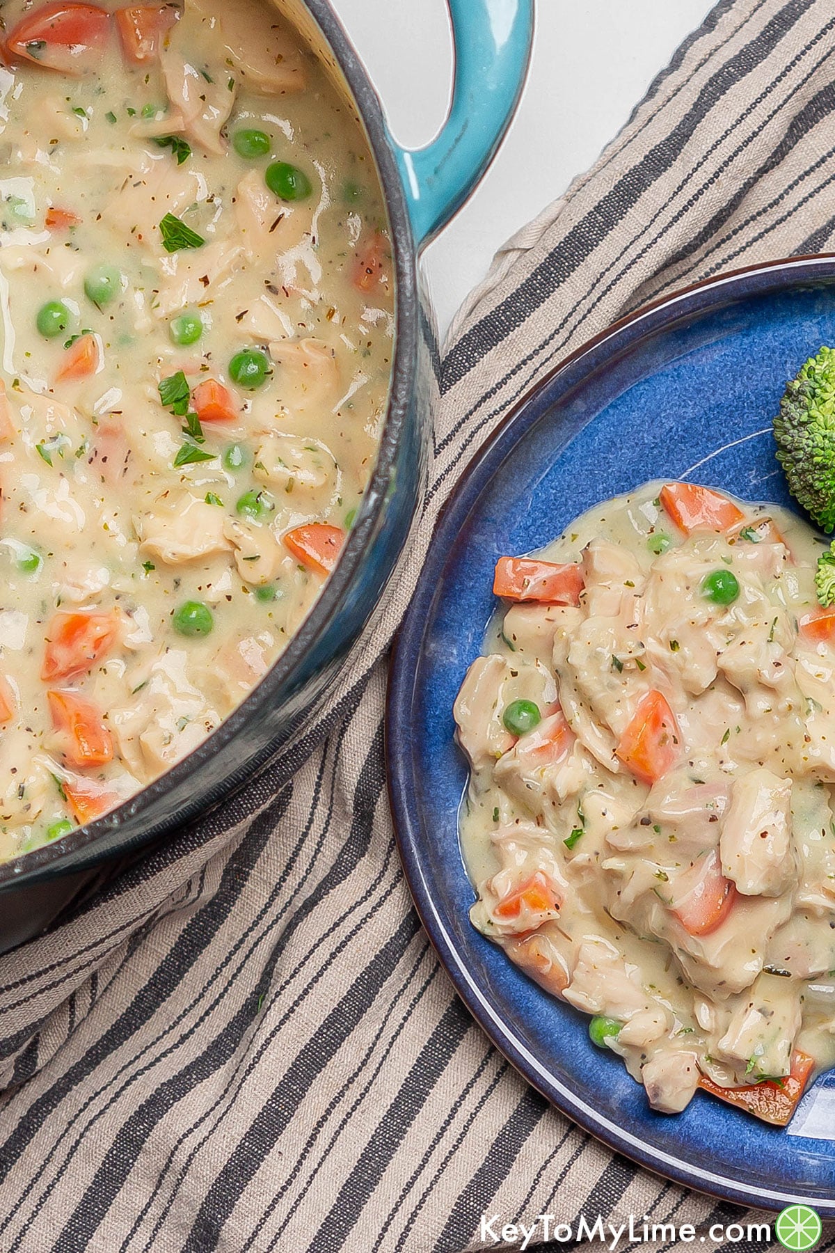 A serving of crustless pot pie next to a Dutch oven.