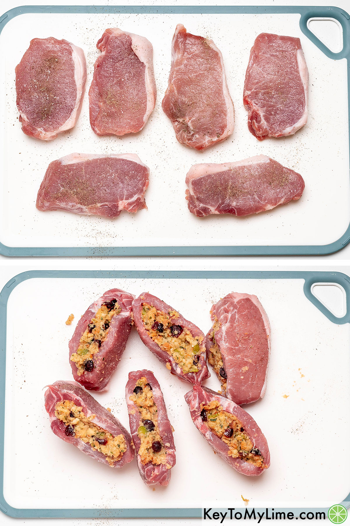 Slicing pockets in the pork chops, and then seasoning with salt, pepper, and filling with stuffing.