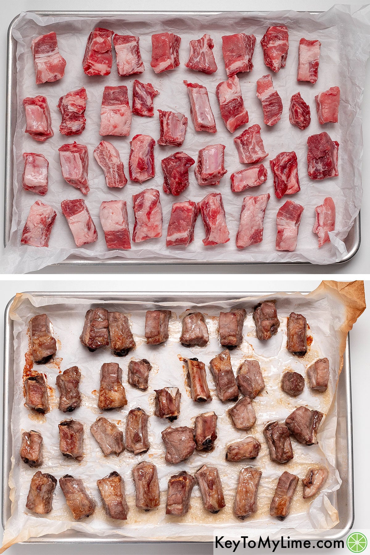 Spreading riblets in an even layer on parchment lined baking tray, and then baking.