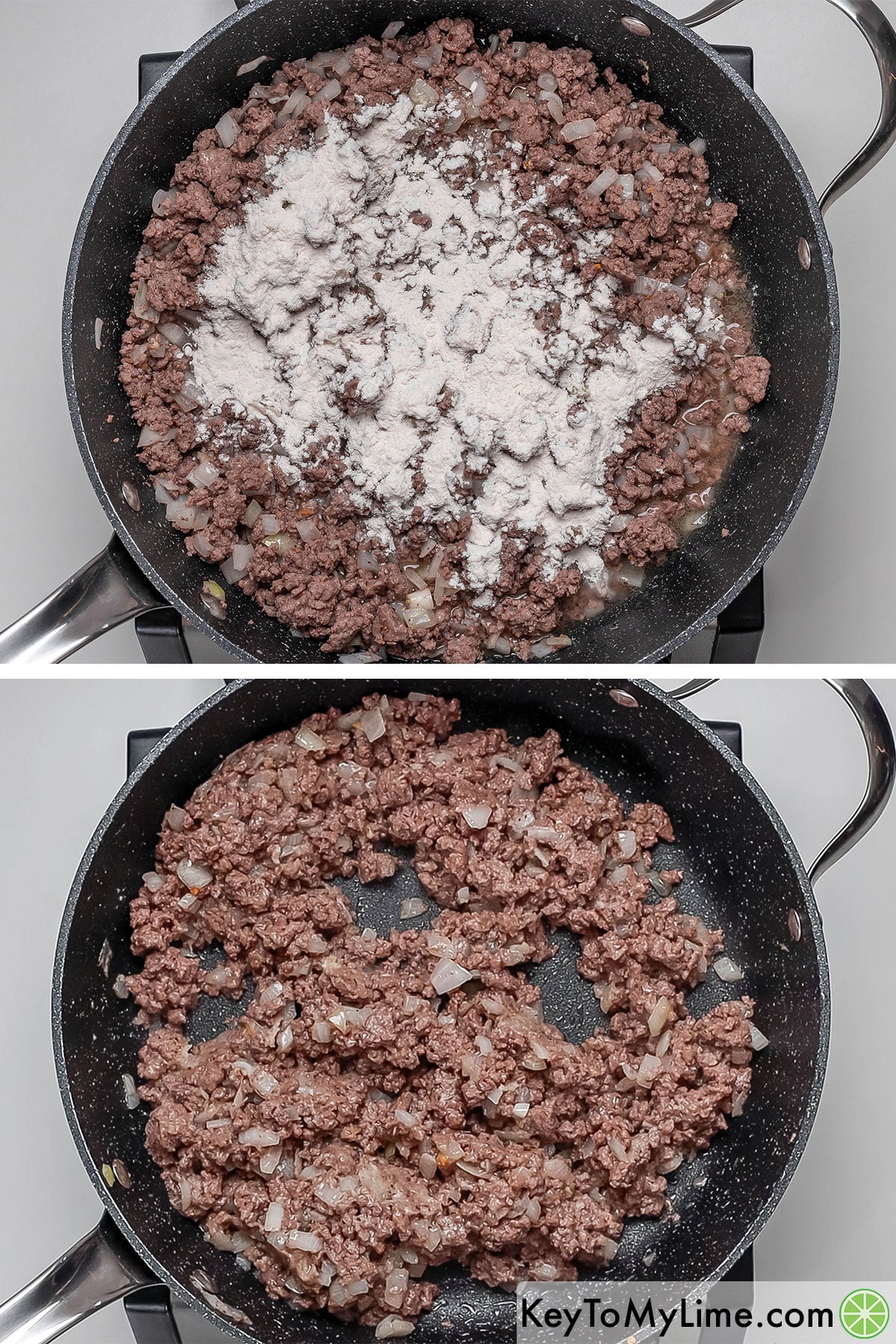 Sprinkling in flour, and then mixing and cooking the beef for two to three minutes.