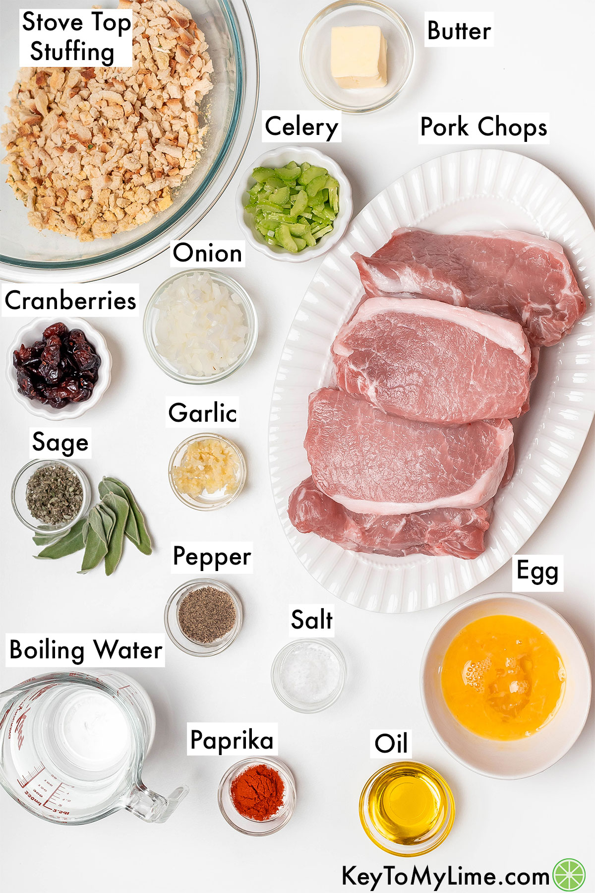 The labeled ingredients for stuffed pork chops in oven.