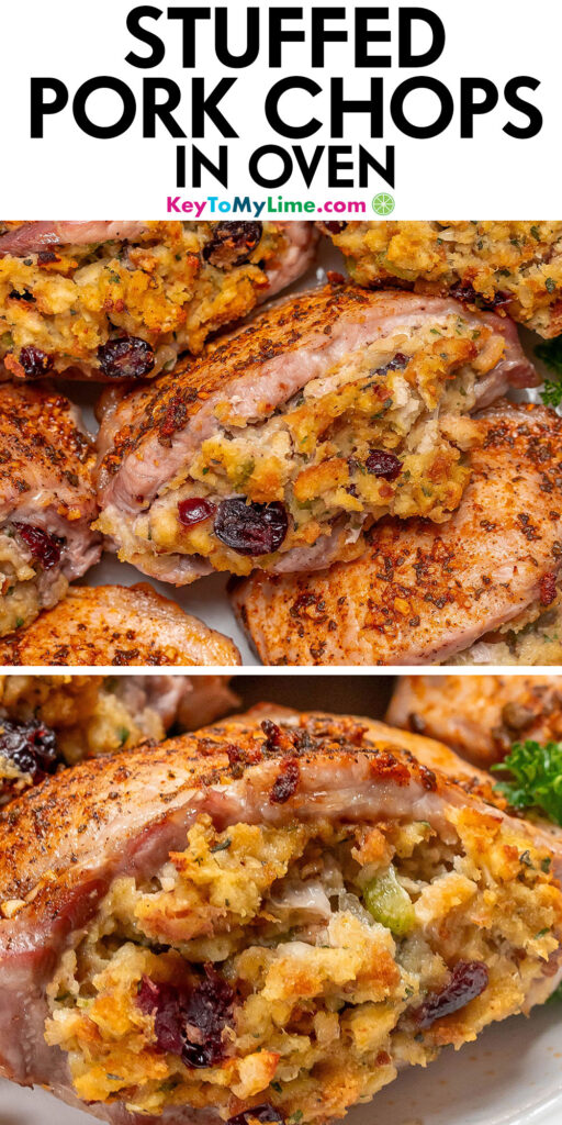 A Pinterest pin image with a picture of stuffed pork chops in oven with title text at the top.