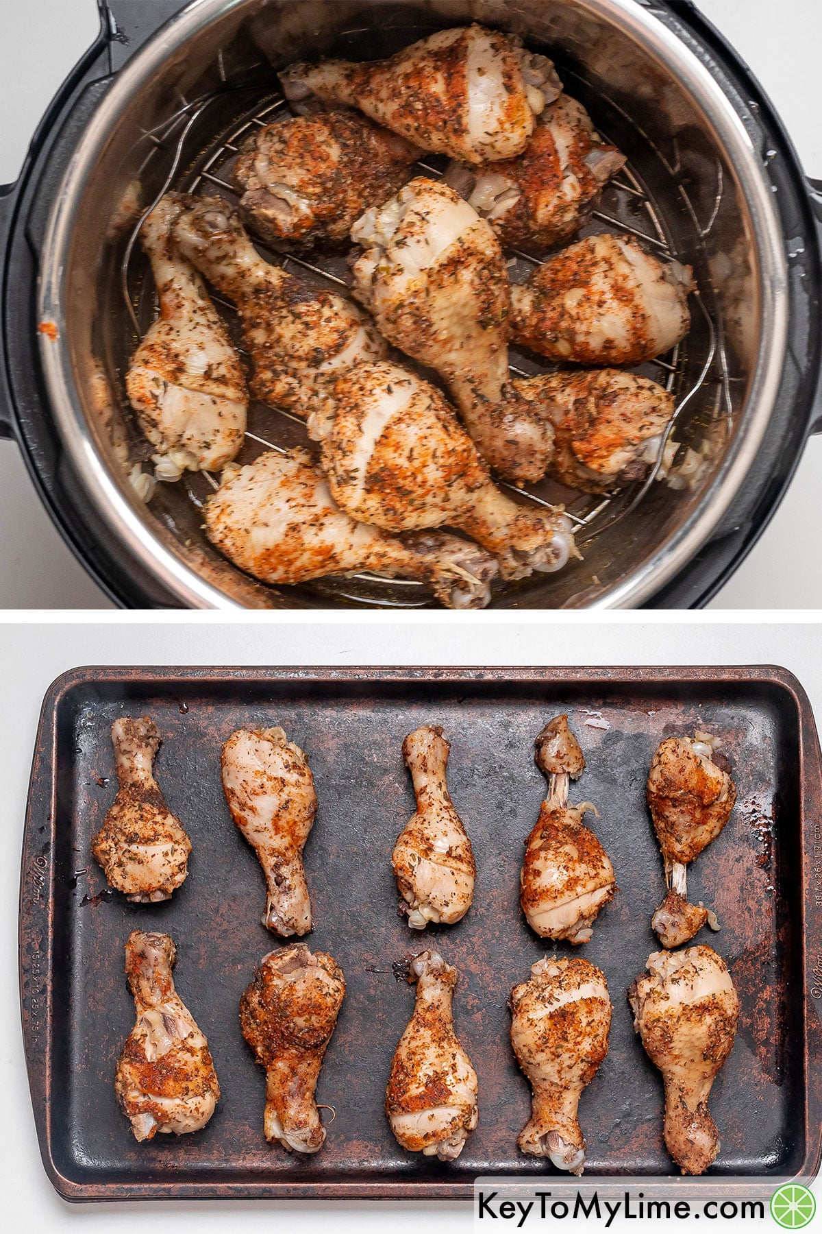 Transferring the drumsticks to a baking sheet, and then broiling until skin is crisp.