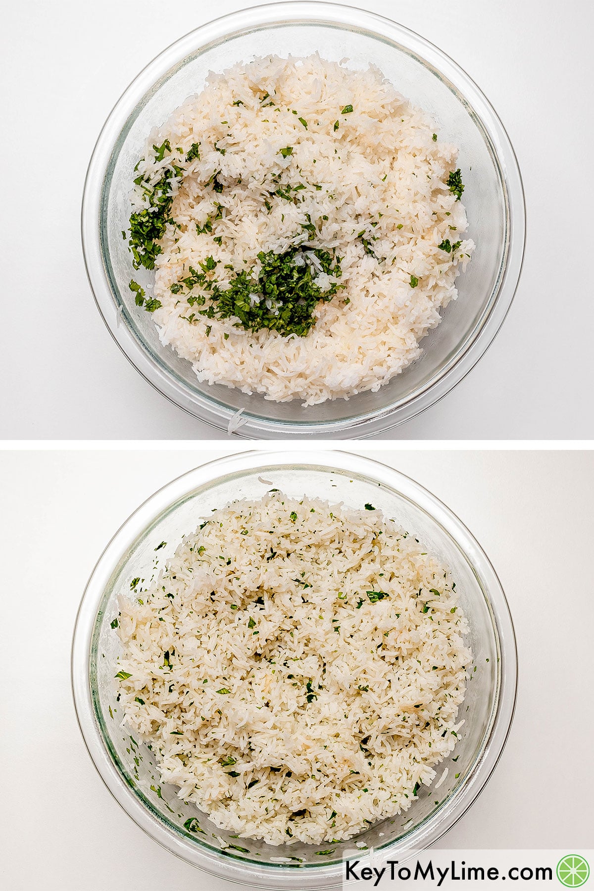 Transferring rice to a mixing bowl to fluff, and then mixing in cilantro and lime juice.