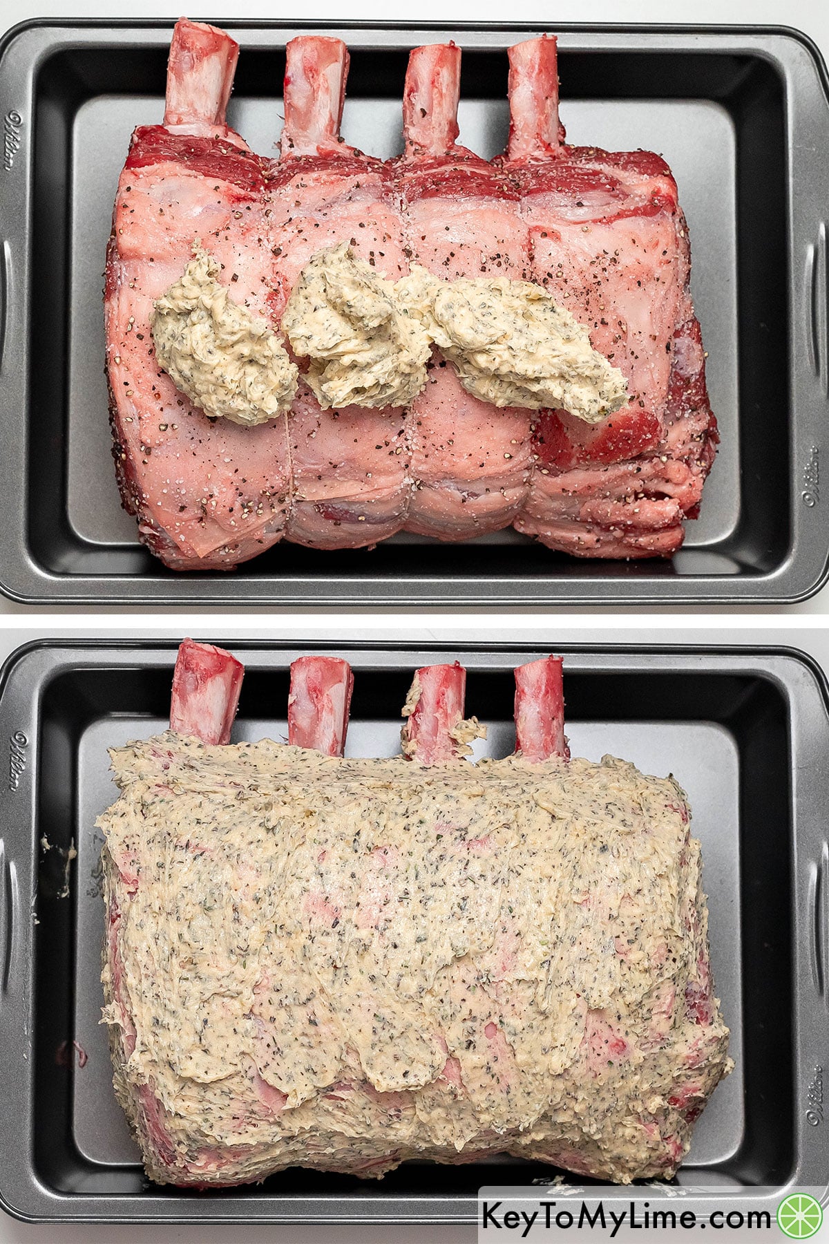 Transferring the roast to a pan, and then fully smothering in compound butter.